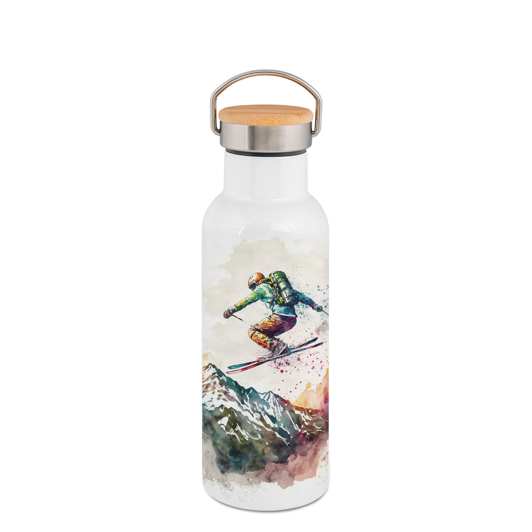Doppelwandige Thermoflasche mit Bambusdeckel 500 ml Skifahrer und Berge