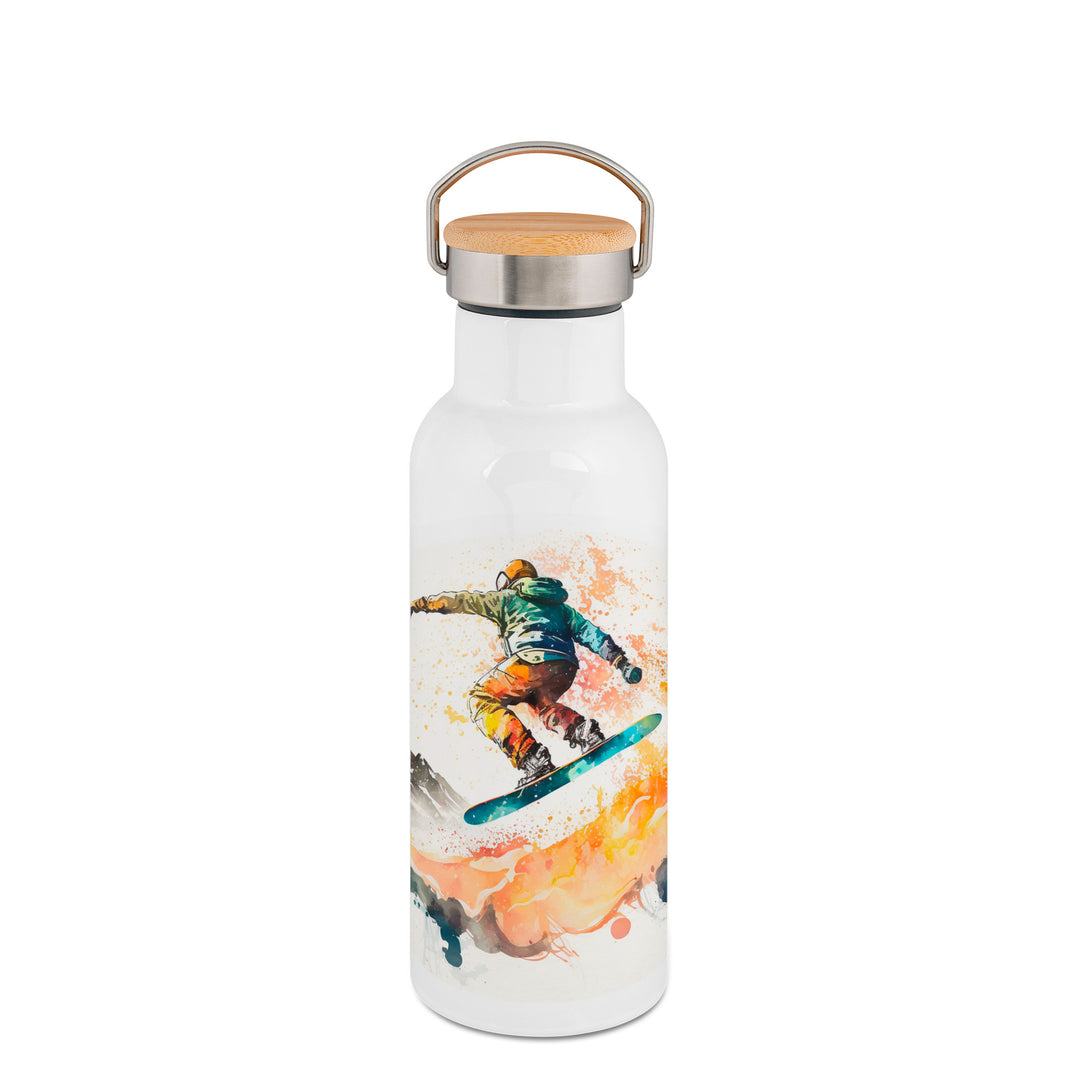 Doppelwandige Thermoflasche mit Bambusdeckel 500 ml Snowboarder und Berge