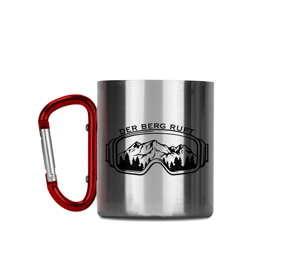 Edelstahltasse mit Karabiner Der Berg ruft Skibrillie
