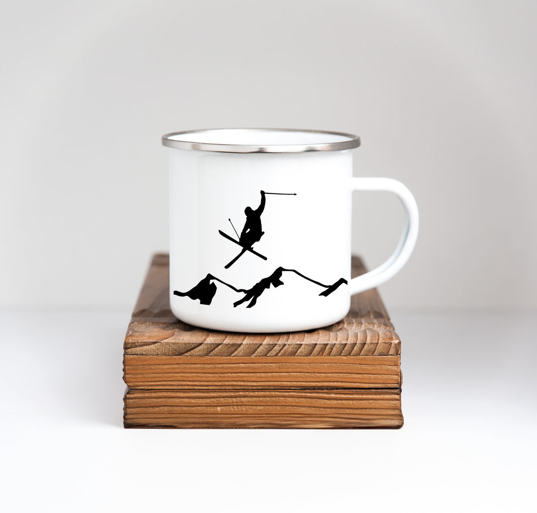 Emaille Tasse Skifahrer und Berge