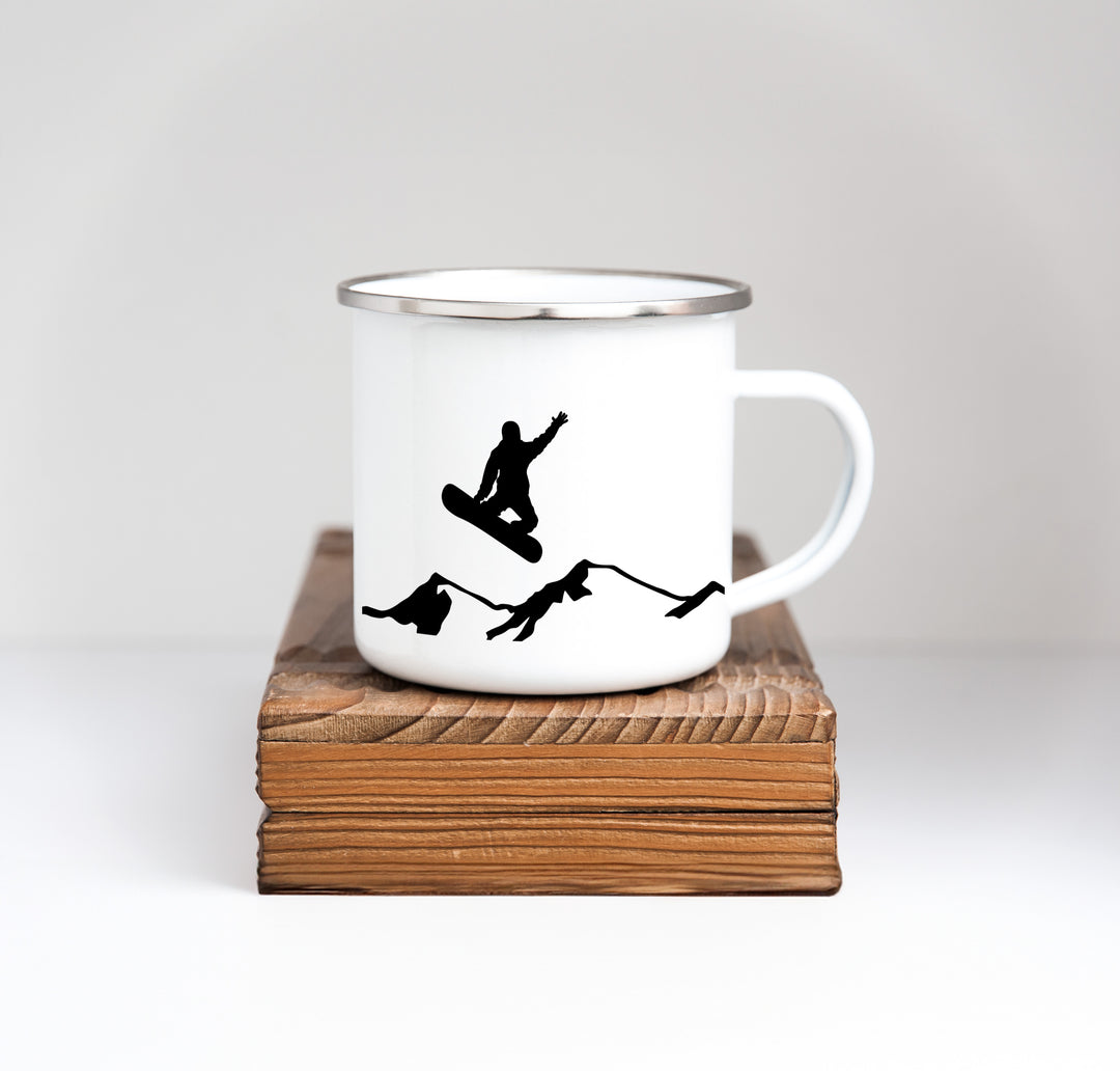 Emaille Tasse Snowboarder und Berge